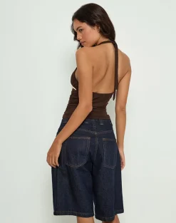 Abeth Halterneck Top in Chocolate Brown with Lemon Piping