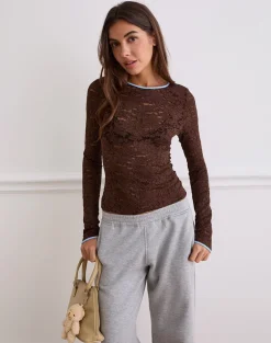 Abon Long Sleeve Top in Lace Brown with Blue Binding