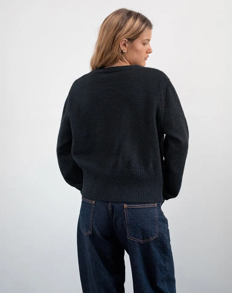 Acera Knitted Cardigan in Black with Silver Flower Buttons