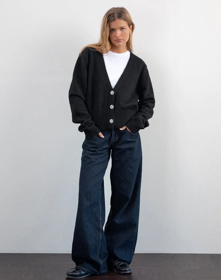 Acera Knitted Cardigan in Black with Silver Flower Buttons