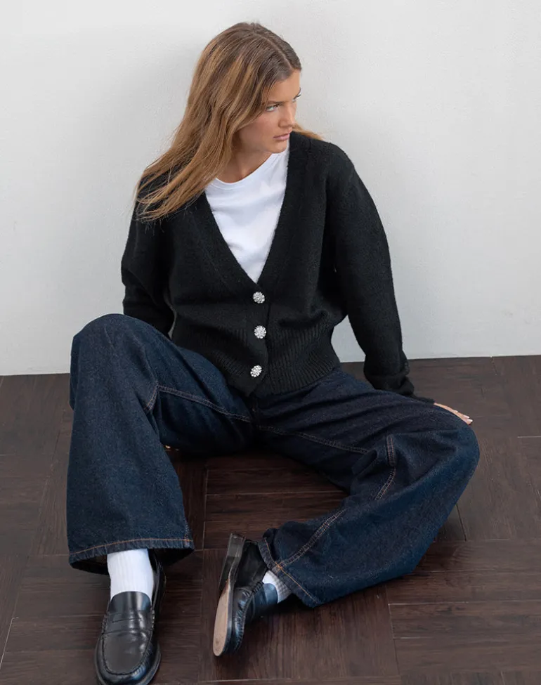Acera Knitted Cardigan in Black with Silver Flower Buttons