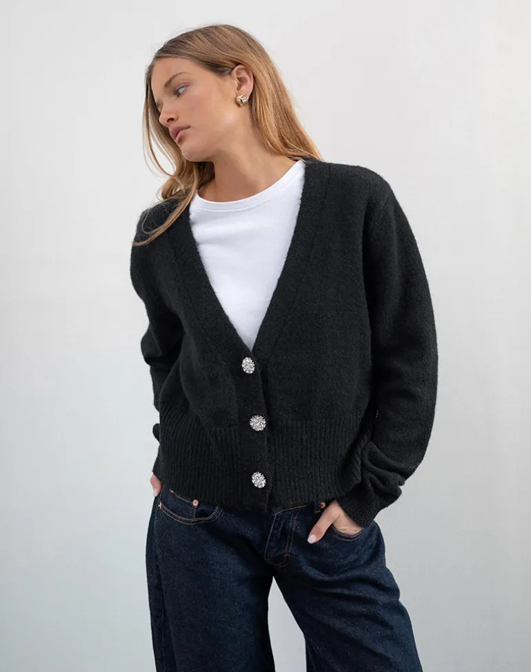Acera Knitted Cardigan in Black with Silver Flower Buttons