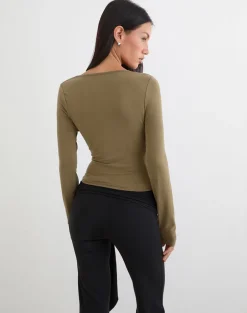 Adaya Long Sleeve Cowl Top in Cupro Olive Stone