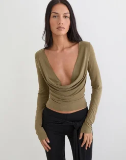 Adaya Long Sleeve Cowl Top in Cupro Olive Stone