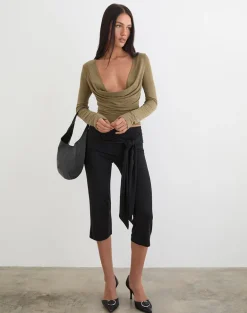 Adaya Long Sleeve Cowl Top in Cupro Olive Stone