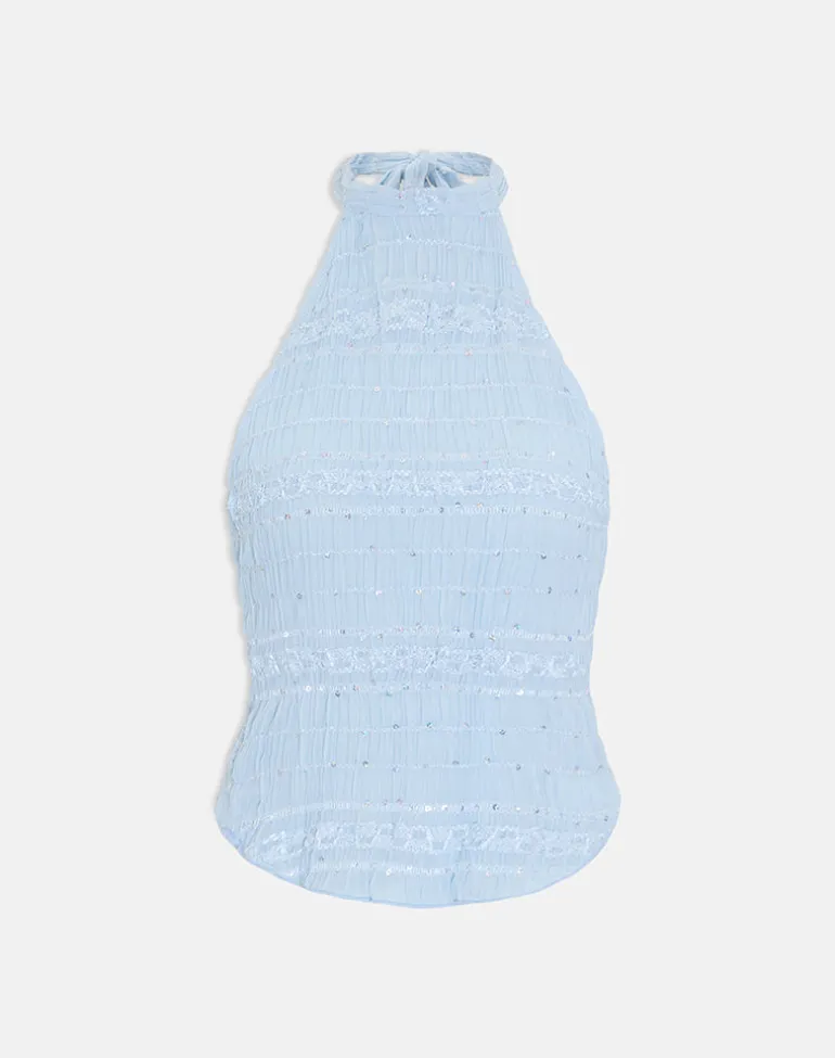 Adisti Top in Sequin Mesh Baby Blue