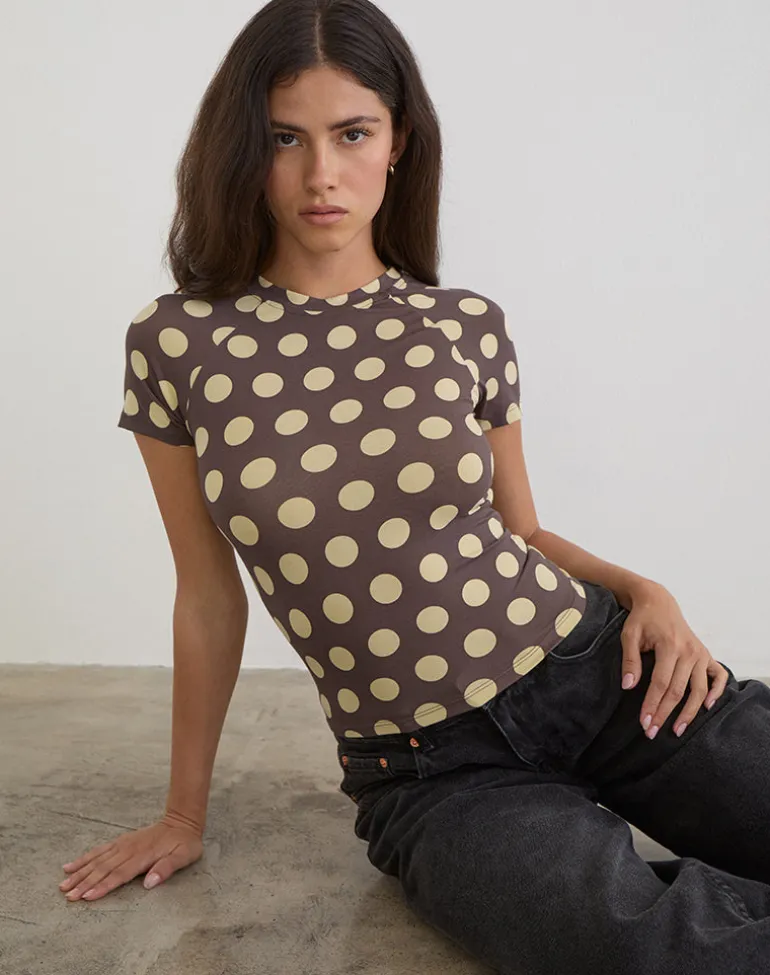 Agneta Tee in Brown with Big Yellow Polka Dots