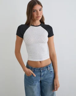 Agneta Tee in White and Black with Micro Polka Print