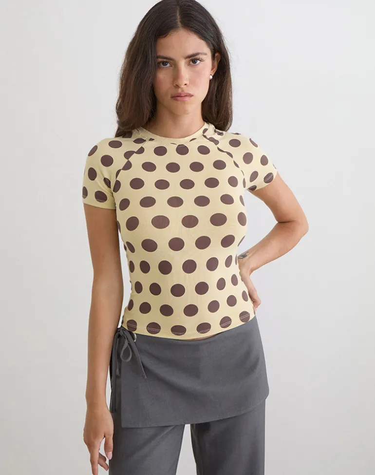 Agneta Tee in Yellow with Big Brown Polka Dots