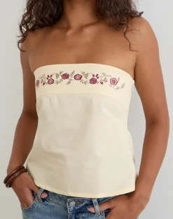 Ahera Top in Poplin Buttermilk with Cherry Blossom Embroidery