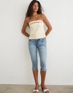 Ahera Top in Poplin Buttermilk with Cherry Blossom Embroidery