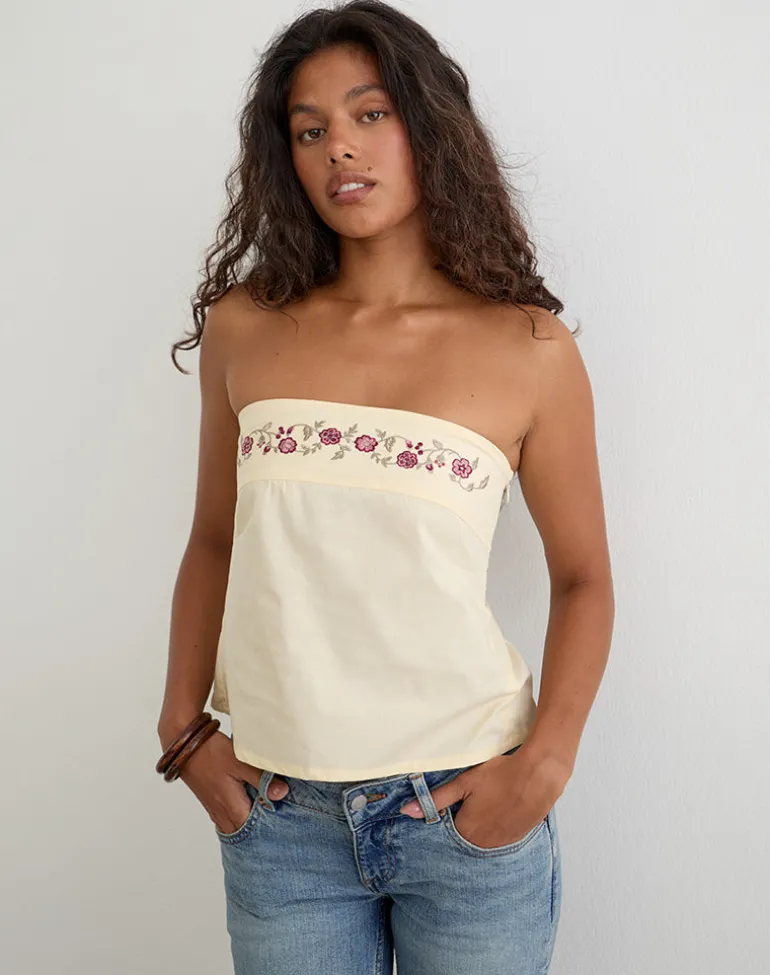 Ahera Top in Poplin Buttermilk with Cherry Blossom Embroidery