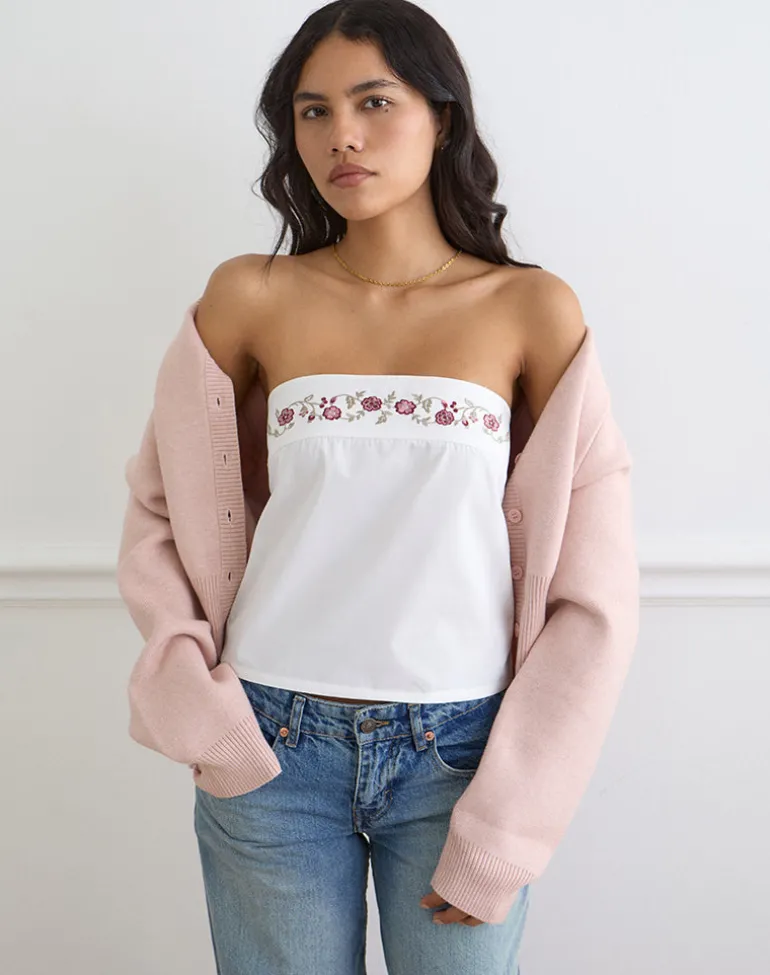 Ahera Top in Poplin White with Cherry Blossom Embroidery