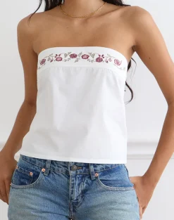 Ahera Top in Poplin White with Cherry Blossom Embroidery