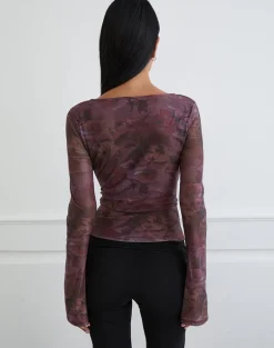 Aifee Long Sleeve Top in Mesh Blurry Floral Burgundy
