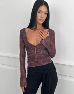 Aifee Long Sleeve Top in Mesh Blurry Floral Burgundy