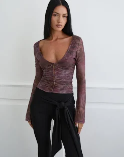 Aifee Long Sleeve Top in Mesh Blurry Floral Burgundy