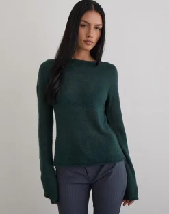 Aika Long Sleeve Top in Sheer Knit Dark Green