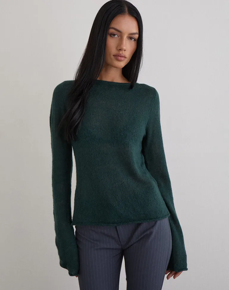 Aika Long Sleeve Top in Sheer Knit Dark Green