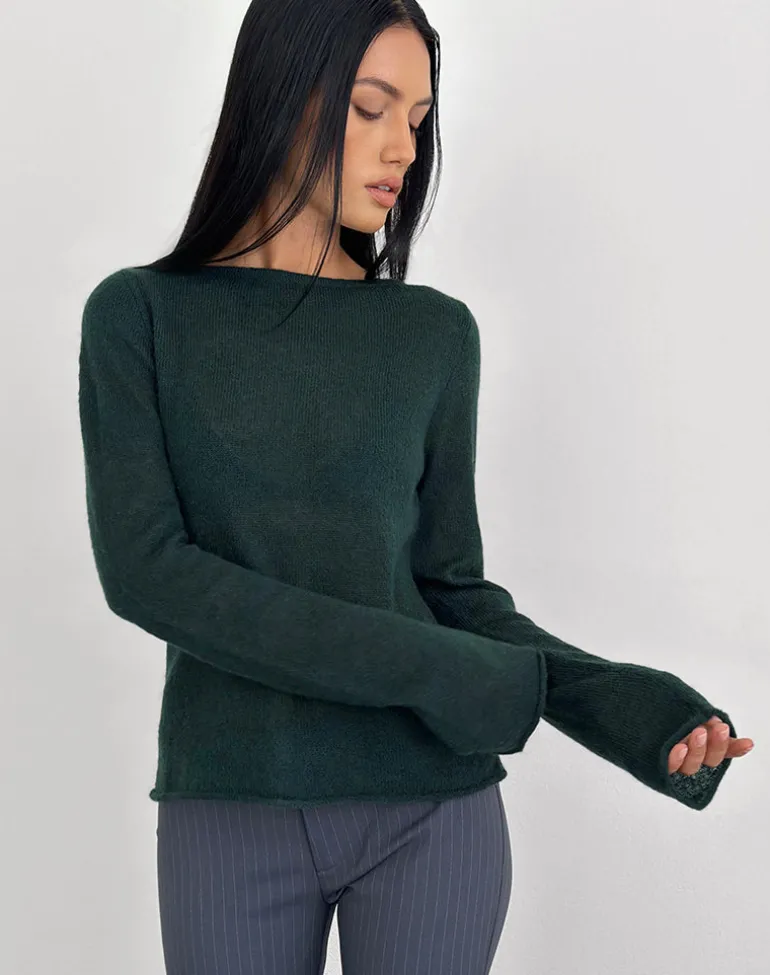 Aika Long Sleeve Top in Sheer Knit Dark Green