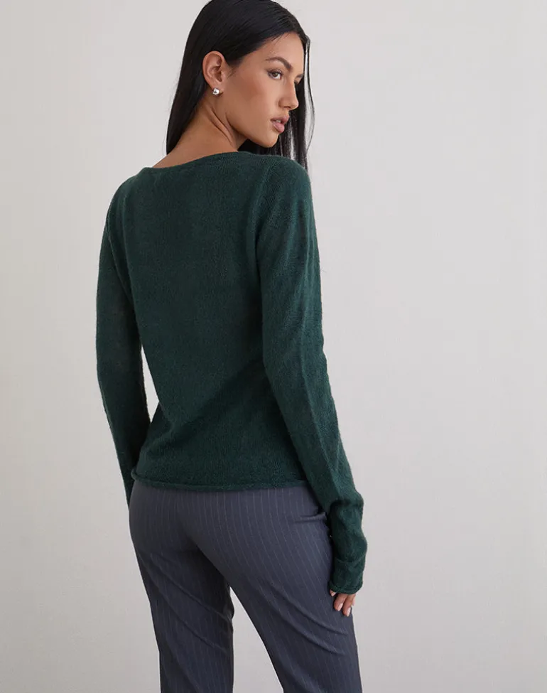 Aika Long Sleeve Top in Sheer Knit Dark Green