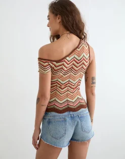 Aisling Off Shoulder Top in Green Multi Stripe