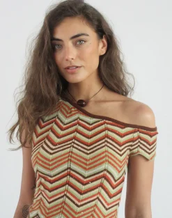 Aisling Off Shoulder Top in Green Multi Stripe