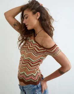 Aisling Off Shoulder Top in Green Multi Stripe