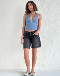 Aksa Halterneck Top in Moonlight Blue Lace with Rose