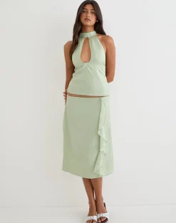 Aksaya Midi Skirt in Shimmer Chiffon Olive