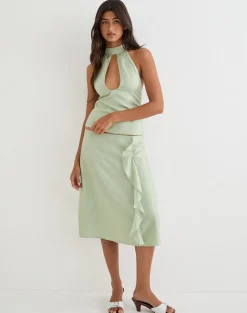 Aksaya Midi Skirt in Shimmer Chiffon Olive