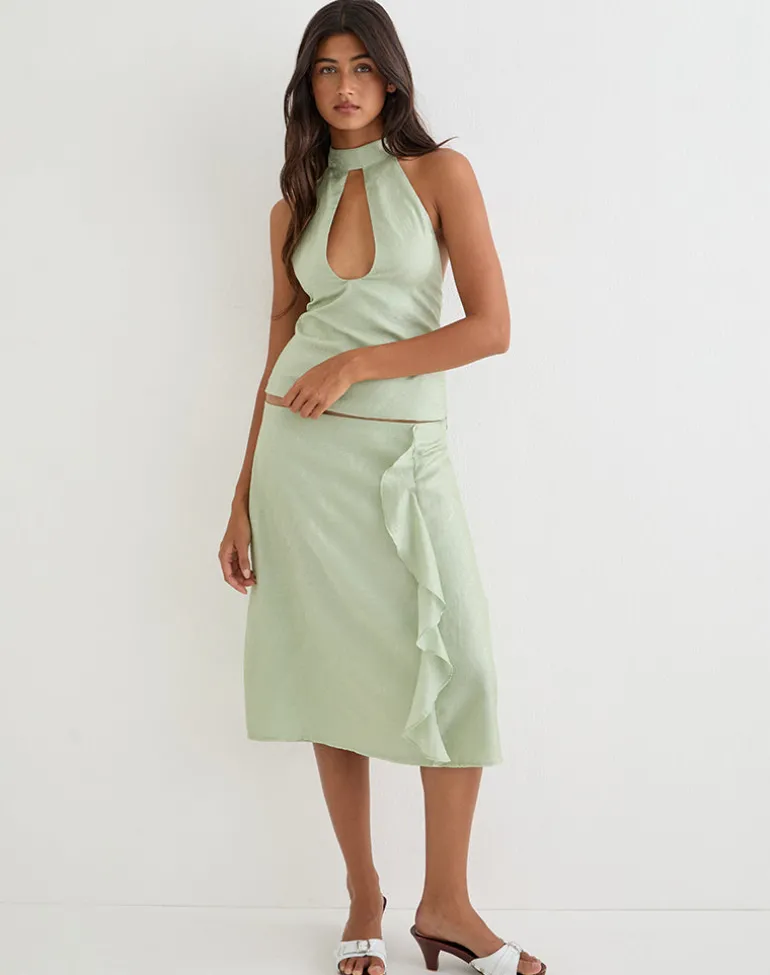 Aksaya Midi Skirt in Shimmer Chiffon Olive