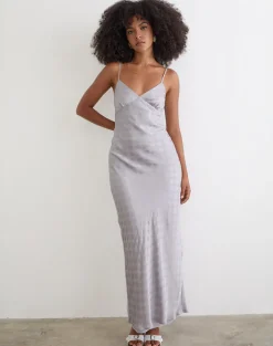 Alenya Maxi Dress in Chiffon Monochrome Silver Grey Polka