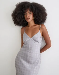 Alenya Maxi Dress in Chiffon Monochrome Silver Grey Polka