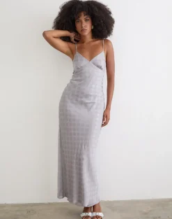 Alenya Maxi Dress in Chiffon Monochrome Silver Grey Polka