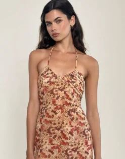Alette Halterneck Maxi Dress in Chiffon Rusty Flower