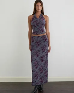 Alfreda Maxi Skirt in Fine Leaf Flock Smoke Grey