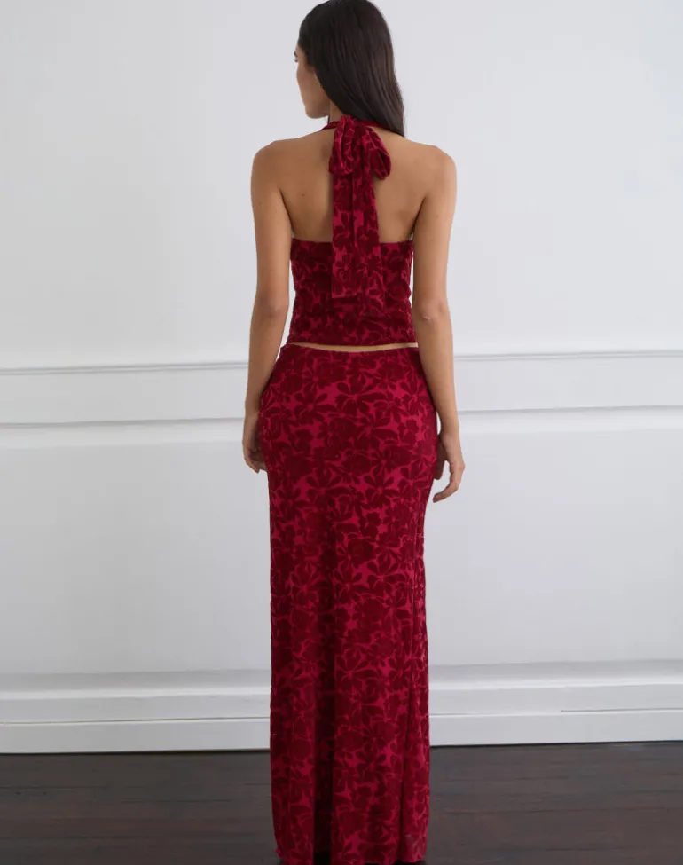 Alfreda Maxi Skirt in Flocked Mesh Flower Cherry
