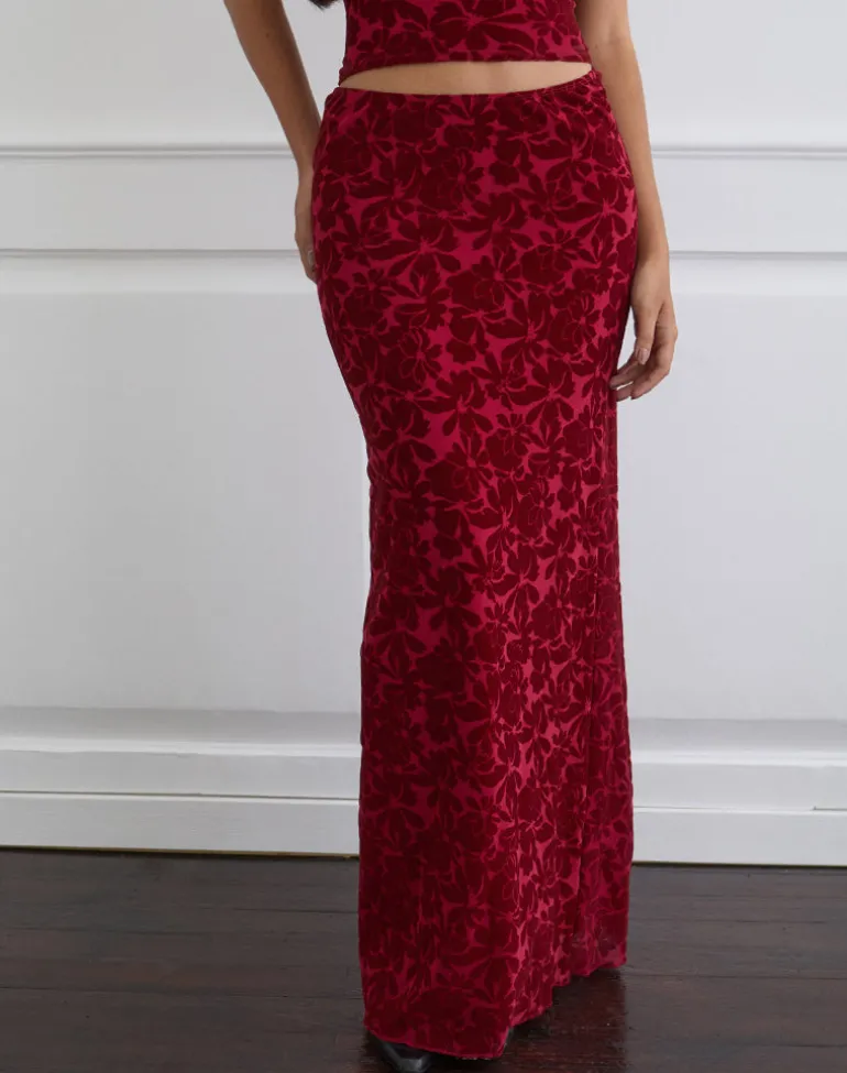 Alfreda Maxi Skirt in Flocked Mesh Flower Cherry