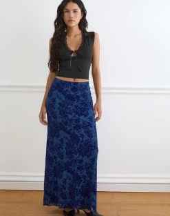 Alfreda Maxi Skirt in Midnight Leaf Flock Navy