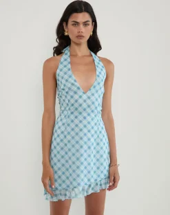 Alira Halterneck Dress in Blurred Check Blue