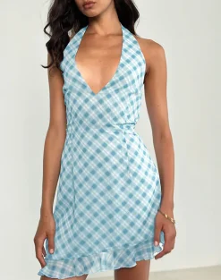 Alira Halterneck Dress in Blurred Check Blue