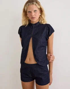 Alita Mini Short in Chambray Indigo with Buttons