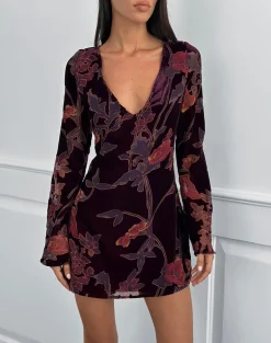Alitra Mini Dress in Floral Devore Burgundy