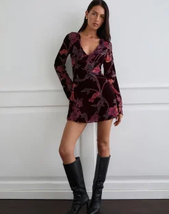 Alitra Mini Dress in Floral Devore Burgundy