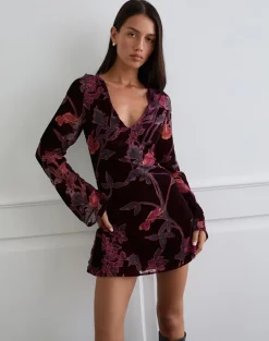 Alitra Mini Dress in Floral Devore Burgundy