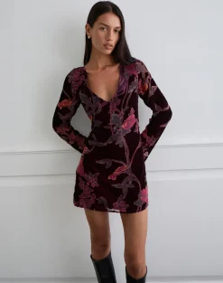 Alitra Mini Dress in Floral Devore Burgundy