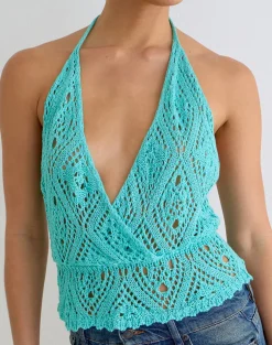 Allyne Halter Top in Crochet Knit Aqua Sky