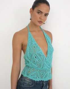 Allyne Halter Top in Crochet Knit Aqua Sky