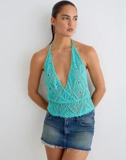 Allyne Halter Top in Crochet Knit Aqua Sky